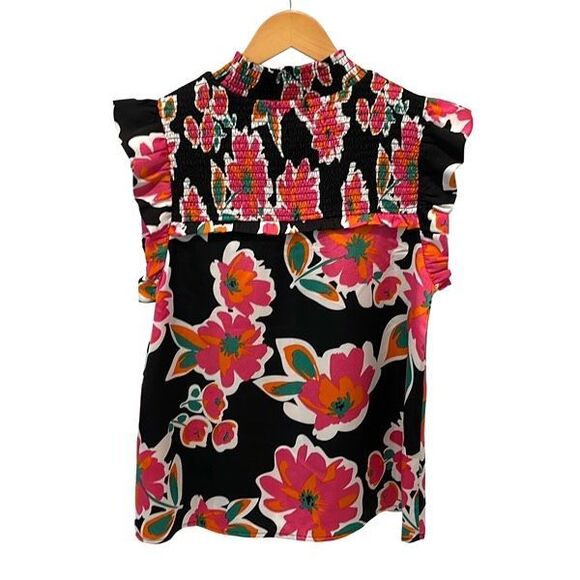 THML Womens Floral Smocked Neck Flutter Sleeve Top Multicolor Size Medium NWT - Picture 3 of 7